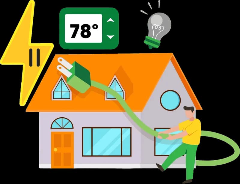 A cute graphic with a house, thermostat, and lightbulb - Learn about demand response